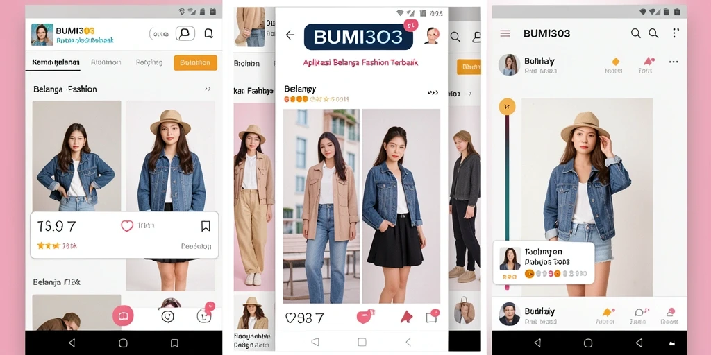 Antarmuka aplikasi BUMI303 menampilkan koleksi fashion yang beragam dan menarik.