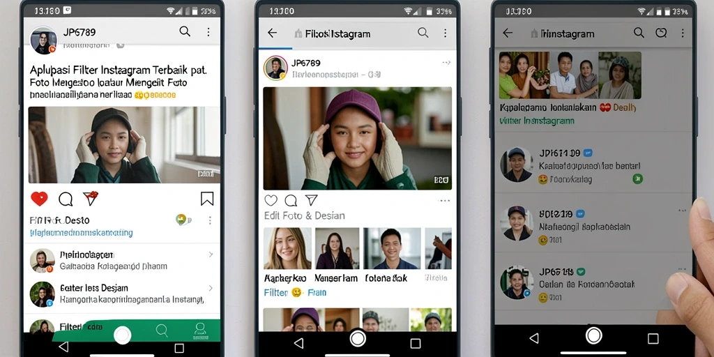 Antarmuka aplikasi JP6789 menampilkan berbagai pilihan filter Instagram.